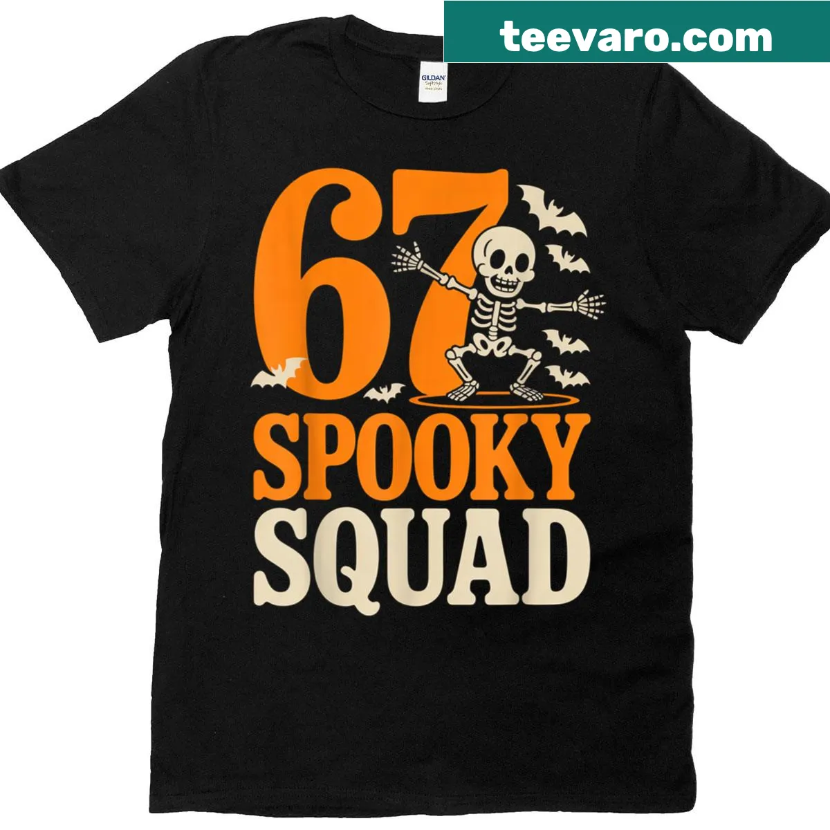 Skeleton-themed kids Halloween T-shirt with numbers six and seven — on a men's t-shirt