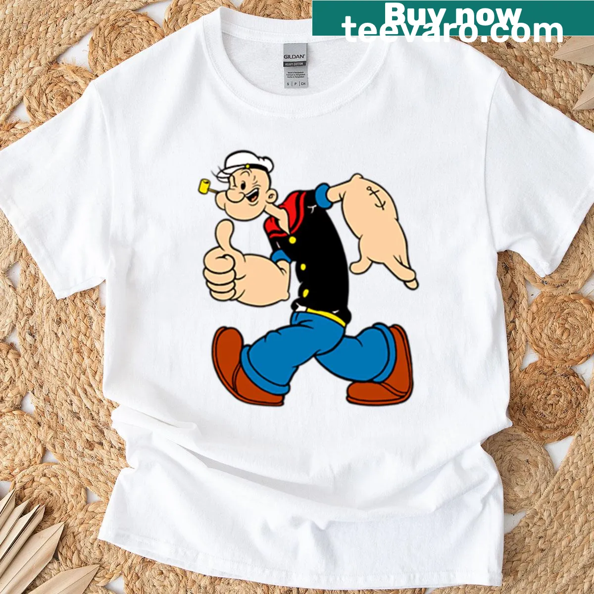 Winking Popeye the Sailor Man graphic T-shirt — on a men's t-shirt