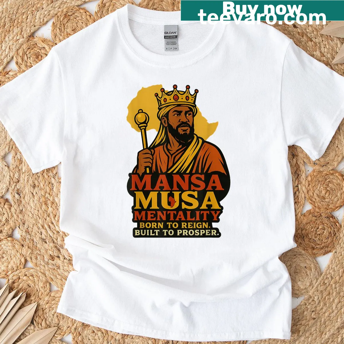 T-shirt featuring 'Mansa Musa Mentality' text in bold typography — on a men's t-shirt