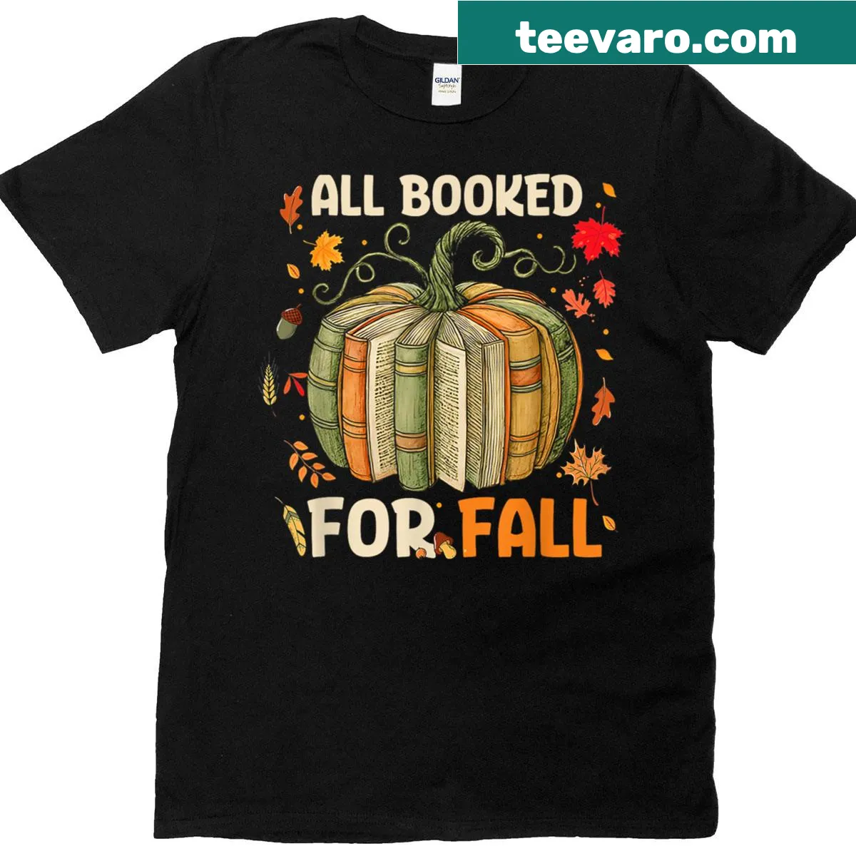 Illustrative t-shirt with a pumpkin and fall-themed text for teachers — on a men's t-shirt