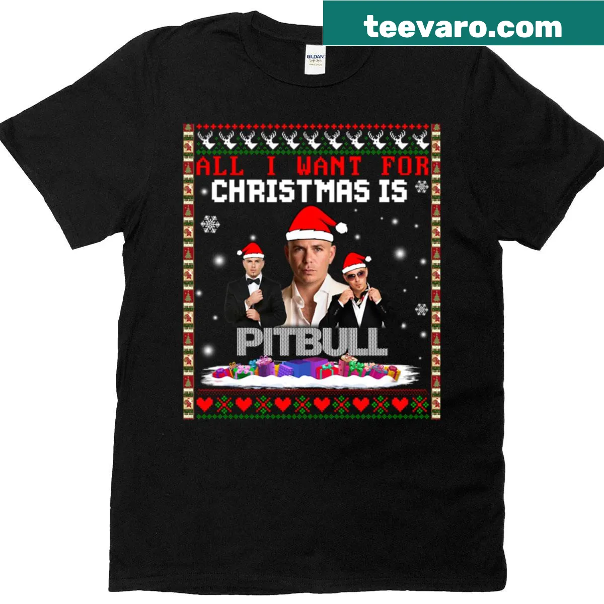 Cute Christmas t-shirt with text about wanting a Pitbull — on a men's t-shirt
