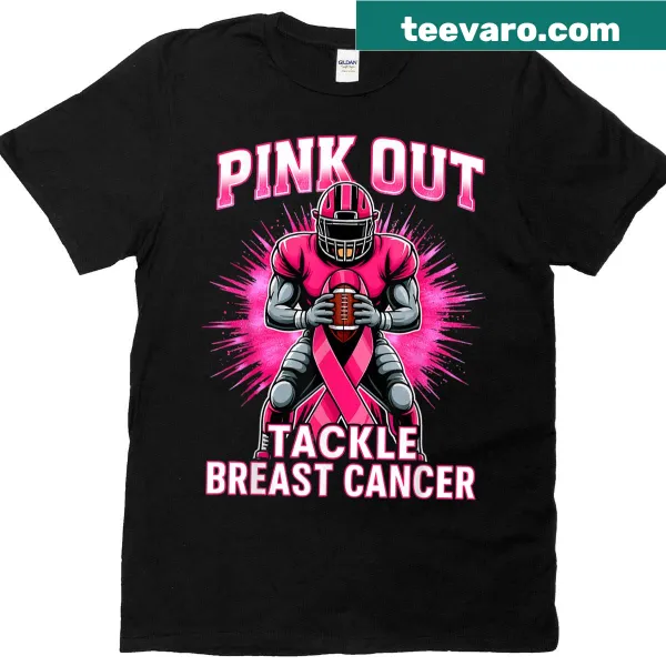 Football-themed T-shirt for Breast Cancer Awareness with Pink Out text