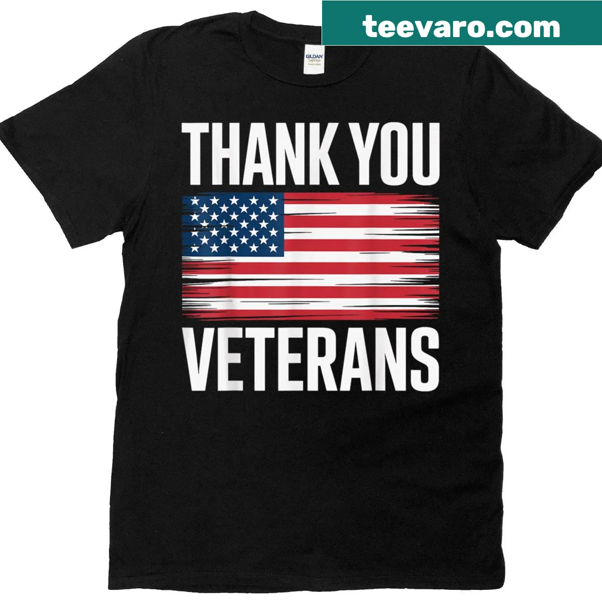 Patriotic T-shirt featuring American flag and 'Thank You Veterans' text — on a men's t-shirt