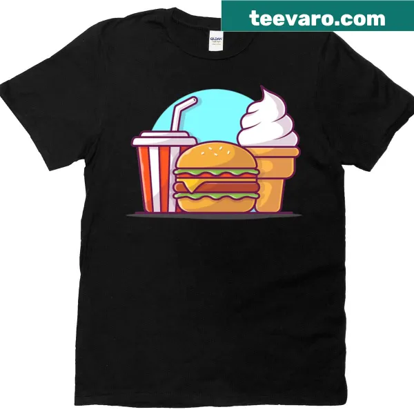 T-shirt with a graphic of a cheeseburger, drink, and milkshake