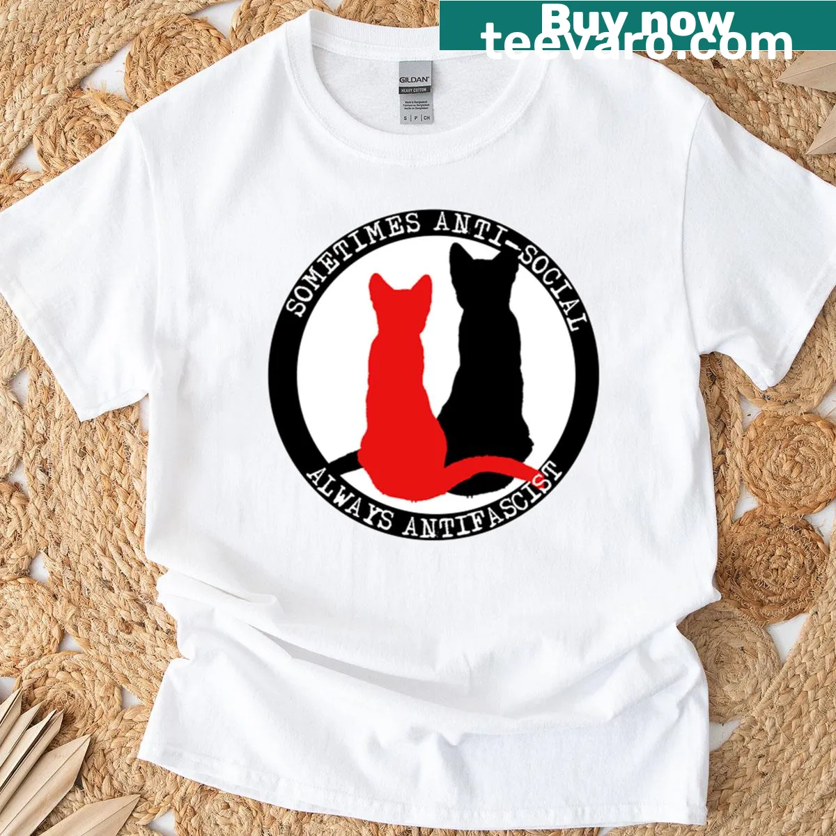 T-shirt featuring whimsical antifa-themed cats — on a men's t-shirt