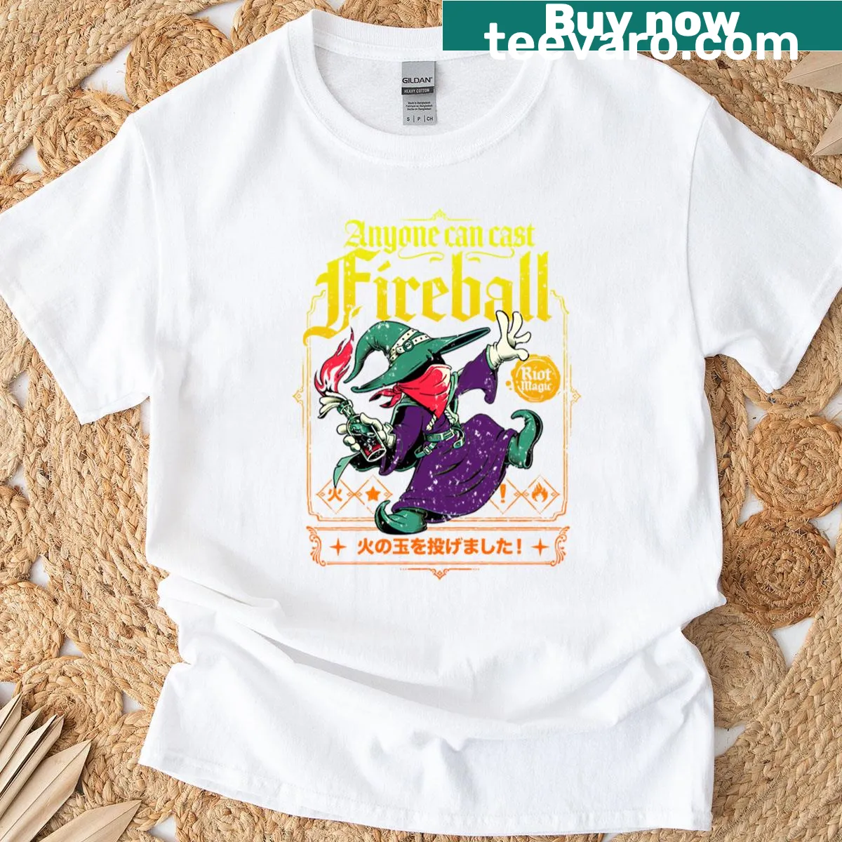Whimsical wizard graphic T-shirt with a Molotov cocktail — on a men's t-shirt