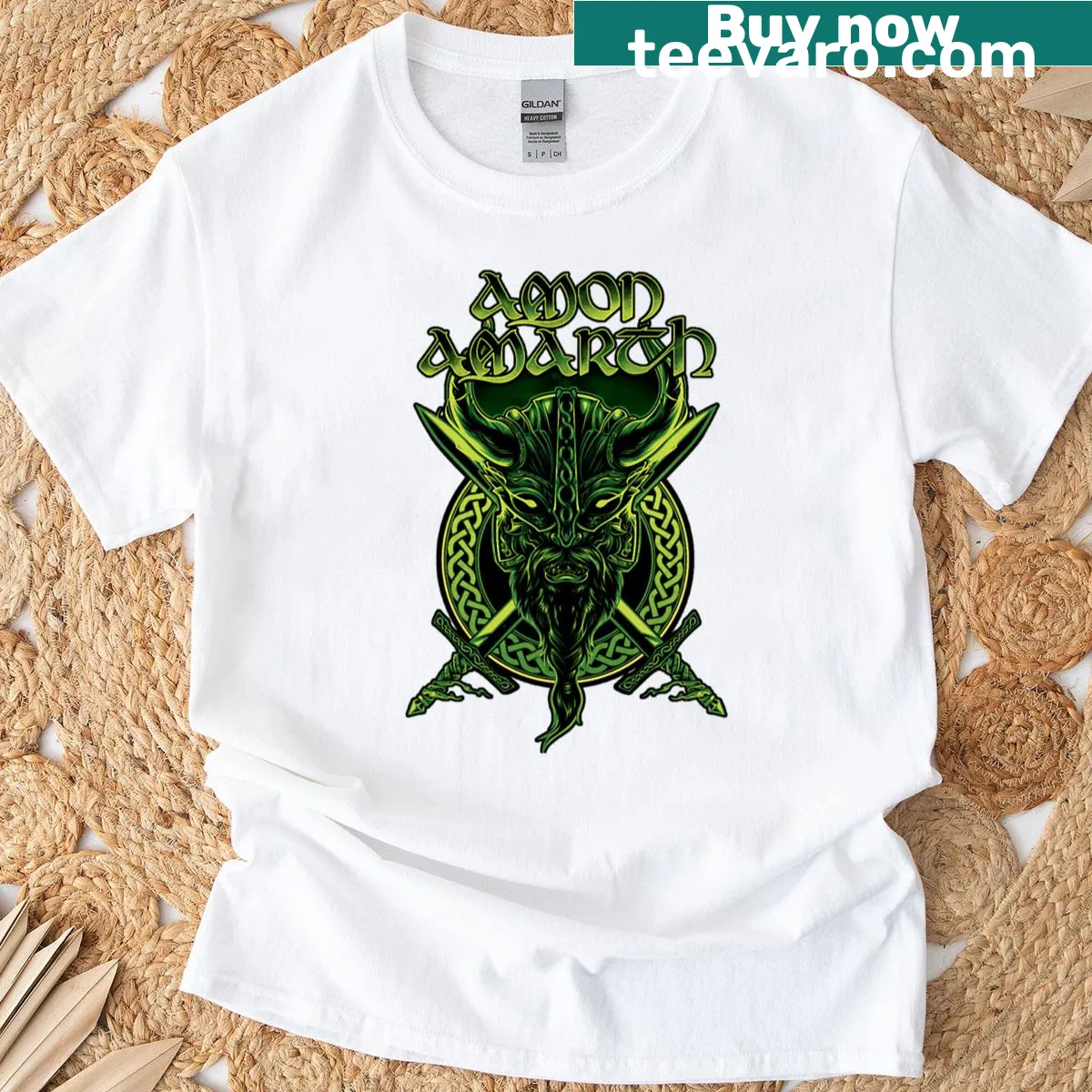 Amon Amarth graphic t-shirt with Viking-themed illustration — on a men's t-shirt