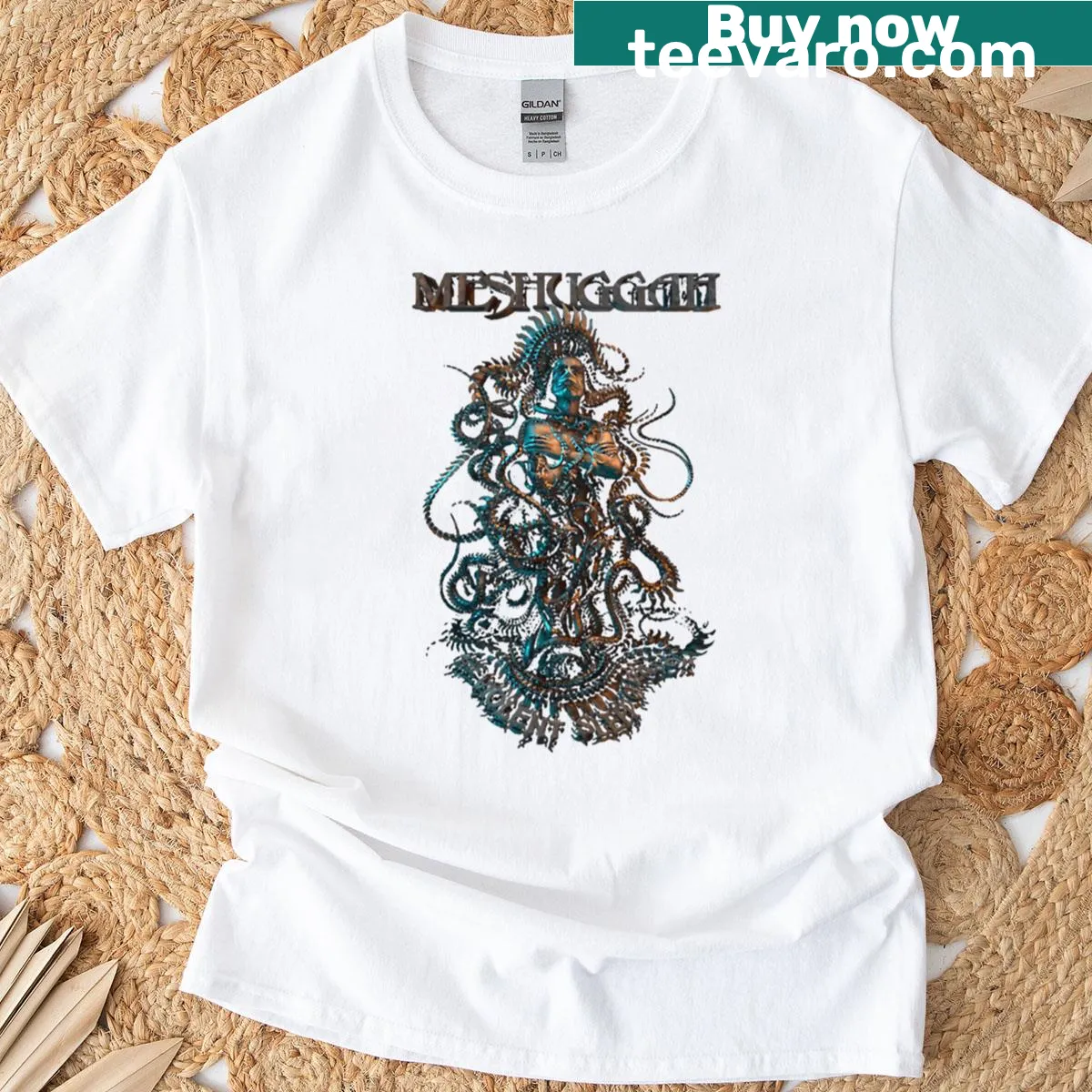 Bold artistic Meshuggah graphic t-shirt for metal music fans — on a men's t-shirt
