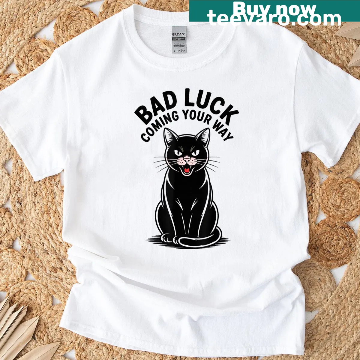 Edgy graphic of a black cat on a T-shirt — on a men's t-shirt