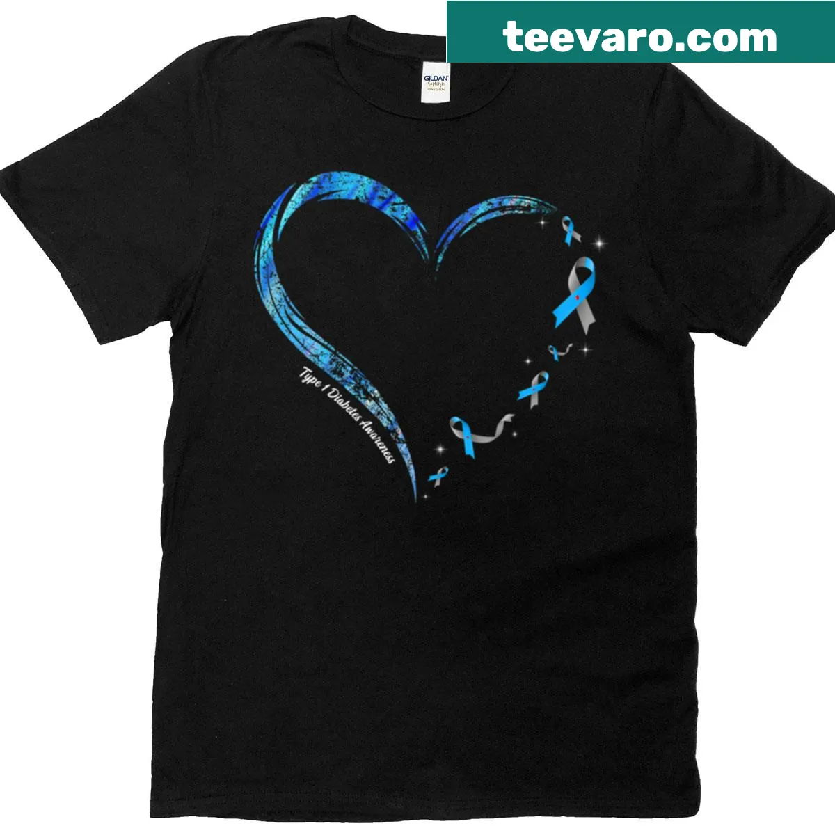 T-shirt with heart and ribbon design for T1D awareness — on a men's t-shirt