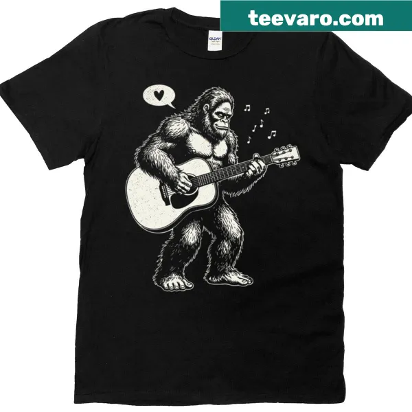 Vintage-style Bigfoot playing acoustic guitar t-shirt