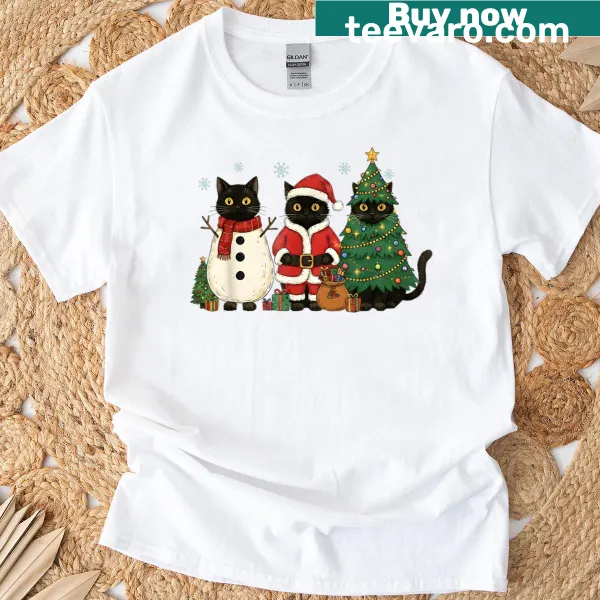 Illustration of a black cat with Christmas lights on a T-shirt