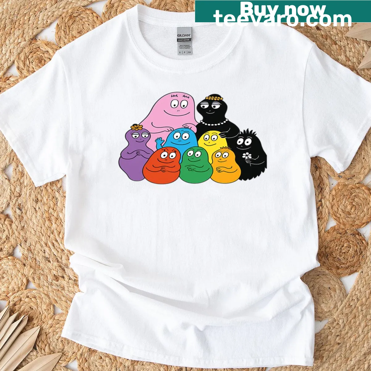 Cartoon Blobby family graphic T-shirt — on a men's t-shirt