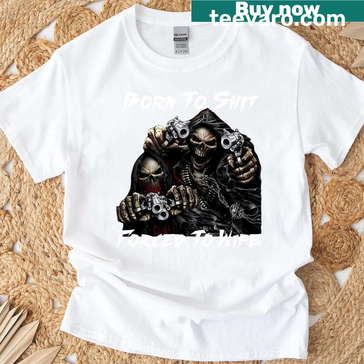 Funny graphic of a skeleton with guns T-shirt — on a men's t-shirt