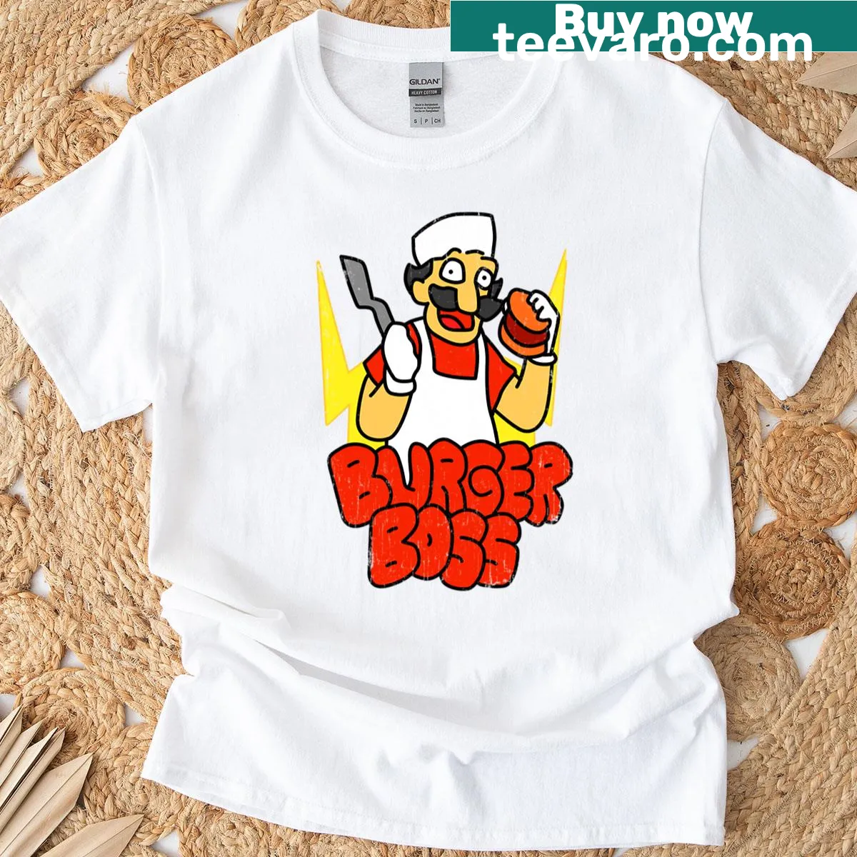 Playful 'Burger Boss' text t-shirt appealing to gamers and food lovers — on a men's t-shirt