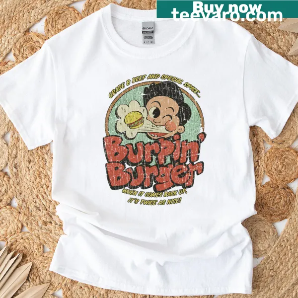 Retro graphic T-shirt featuring a humorous burger illustration