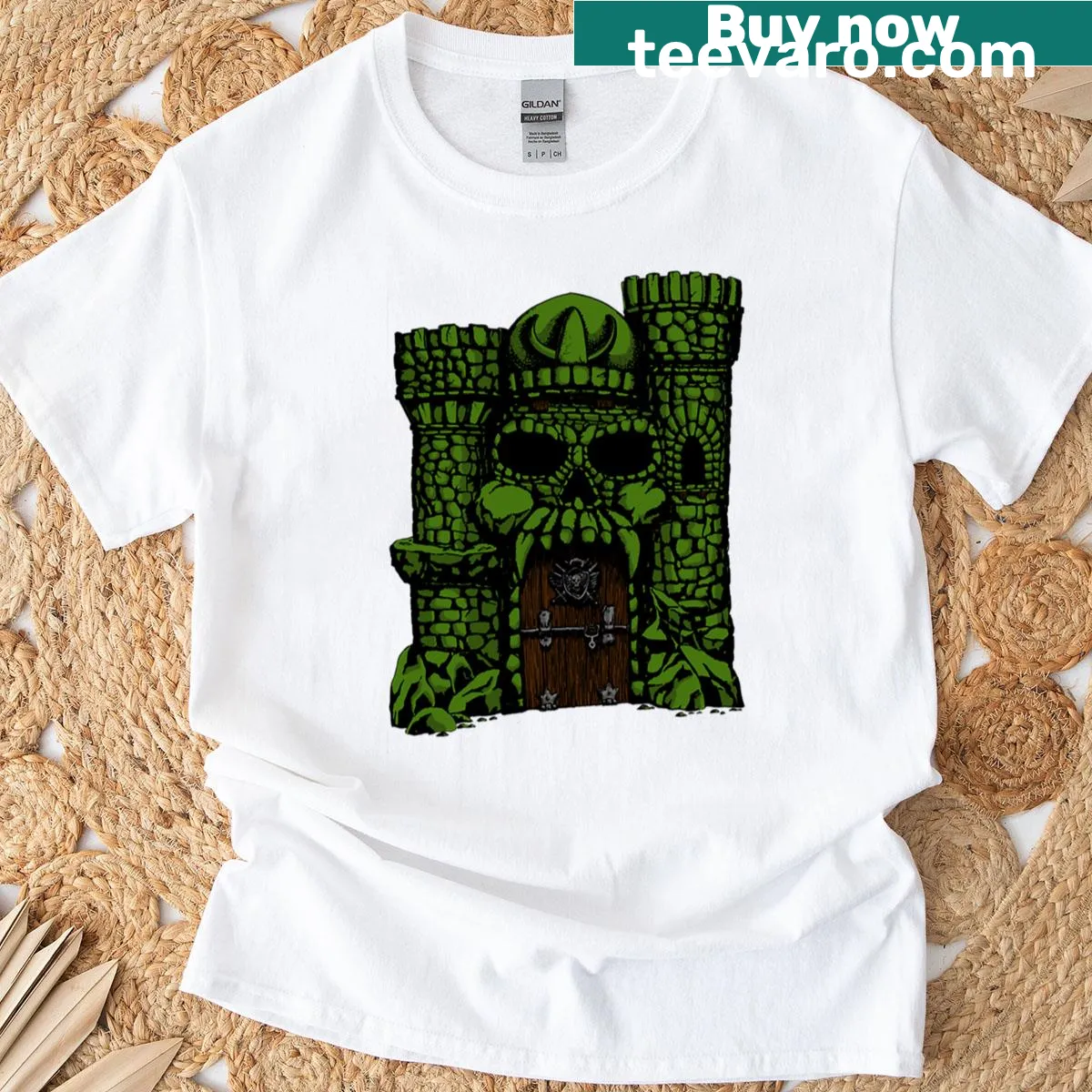 Vintage-inspired graphic t-shirt with Greyskull text — on a men's t-shirt