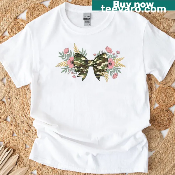 Vintage camo t-shirt for women featuring a bow design