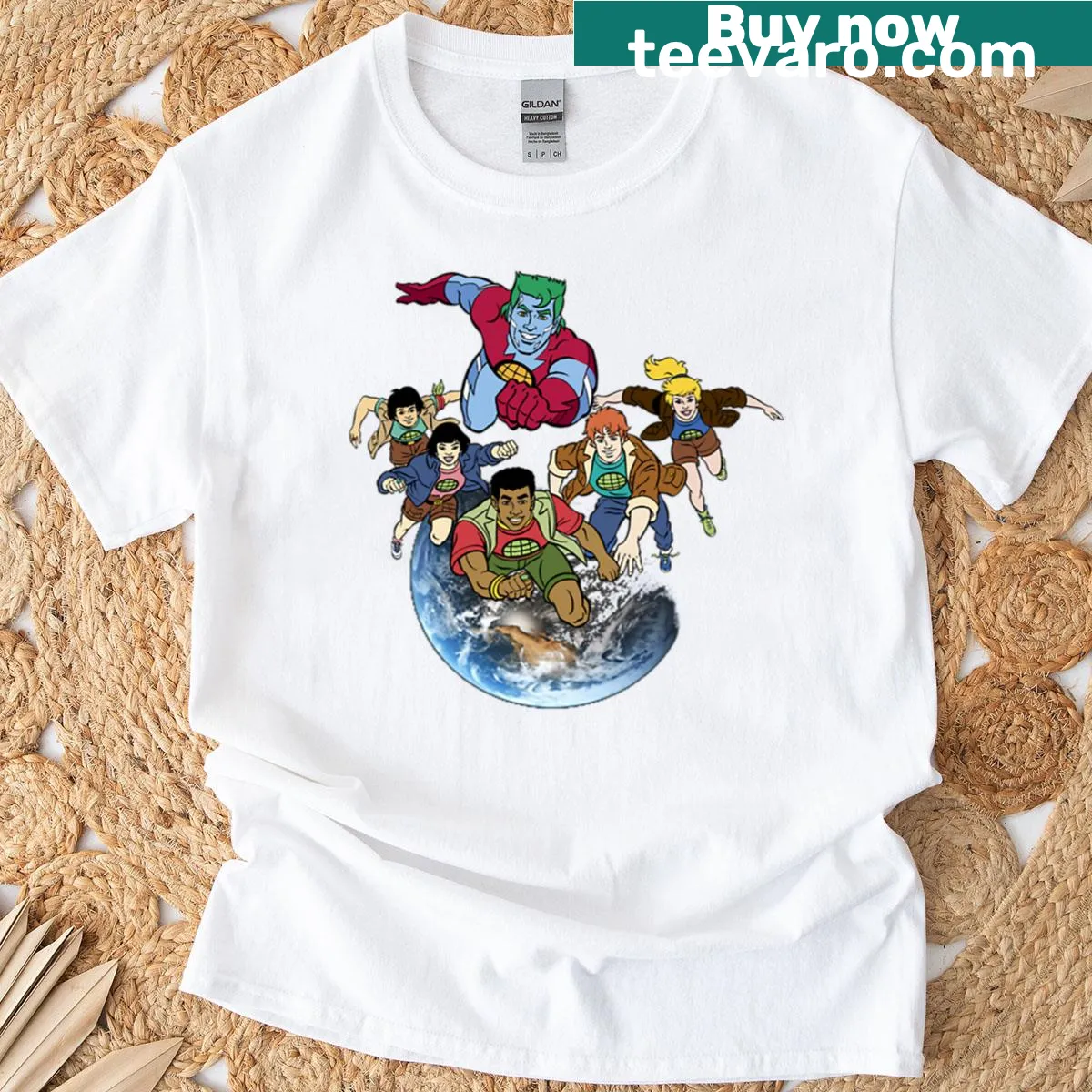 T-shirt featuring Captain Planet Team characters in an illustrated design — on a men's t-shirt