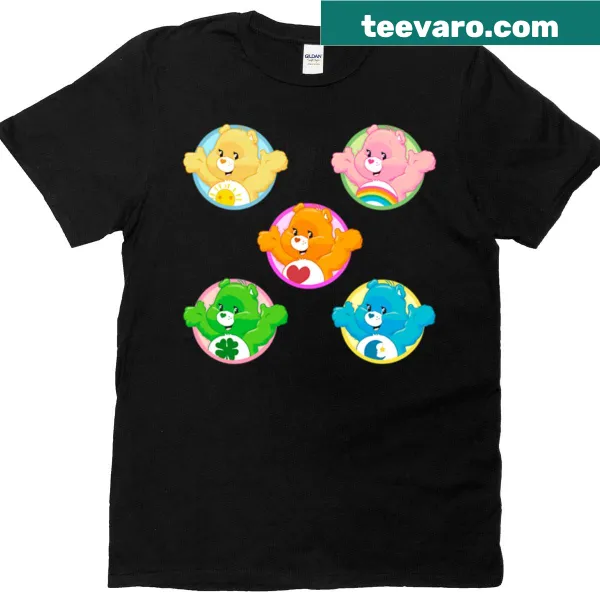 Cartoon graphic of Care Bears hugging on a kids' t-shirt