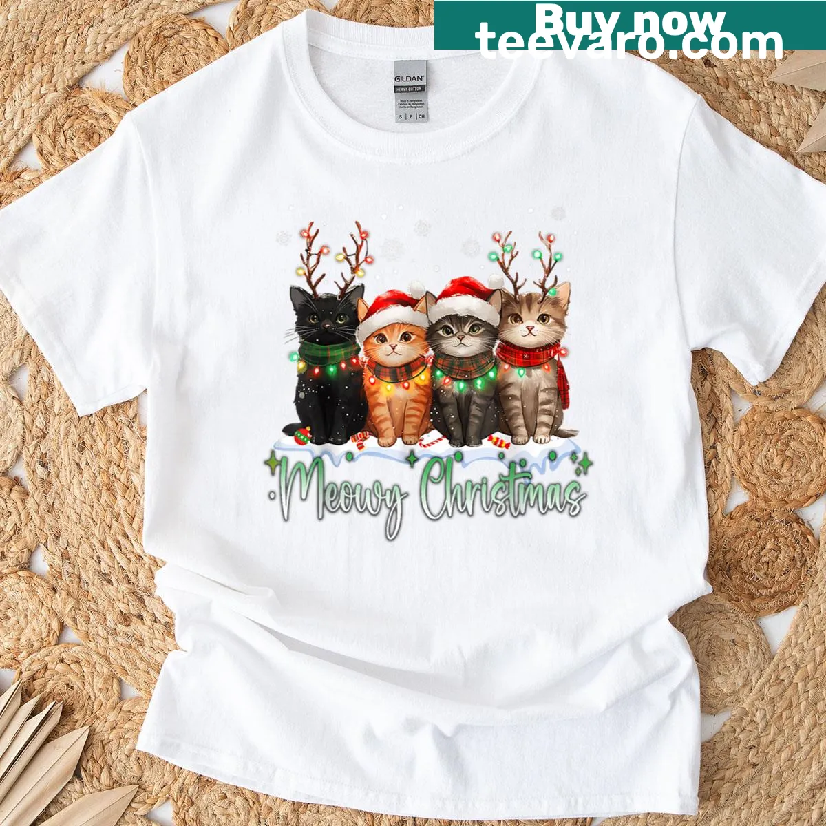 T-shirt with a festive cat illustration and Christmas lights — on a men's t-shirt