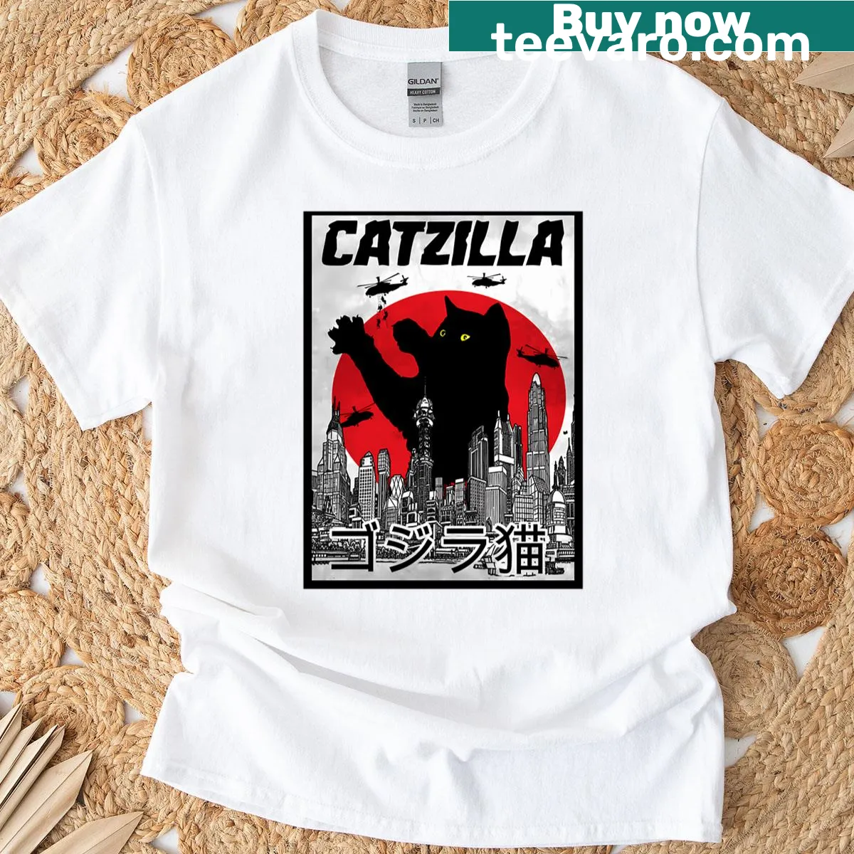 Whimsical Catzilla graphic for active cat lovers T-shirt — on a men's t-shirt