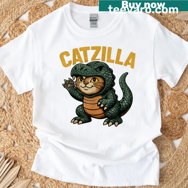 Funny T-shirt with Catzilla monster design featuring a cute cat