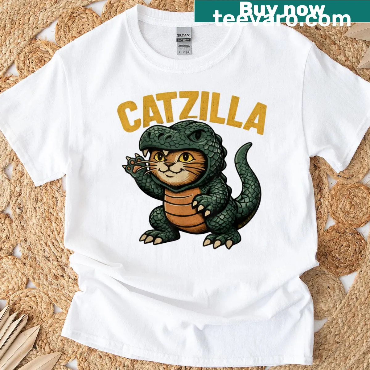 Funny T-shirt with Catzilla monster design featuring a cute cat — on a men's t-shirt