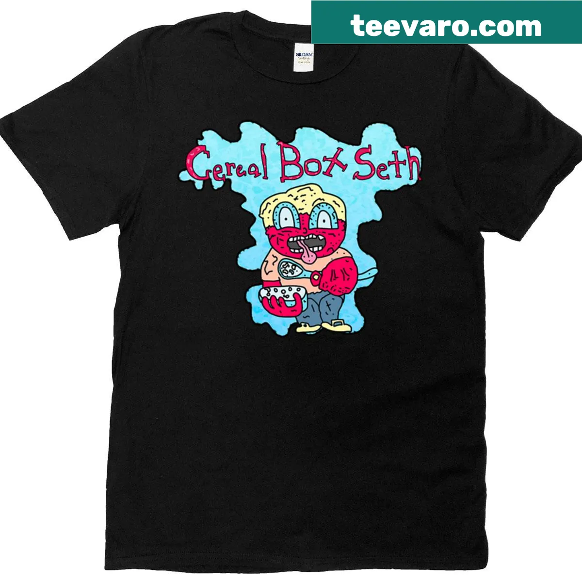 Whimsical cereal box design on a T-shirt — on a men's t-shirt