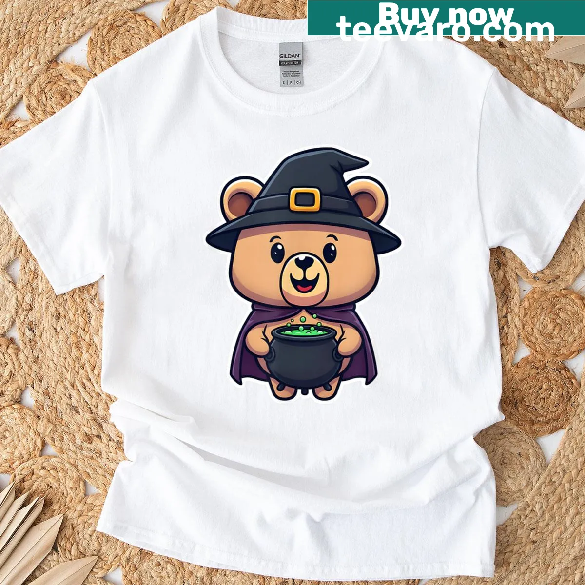 Chibi witch bear with cauldron t-shirt for kids. — on a men's t-shirt