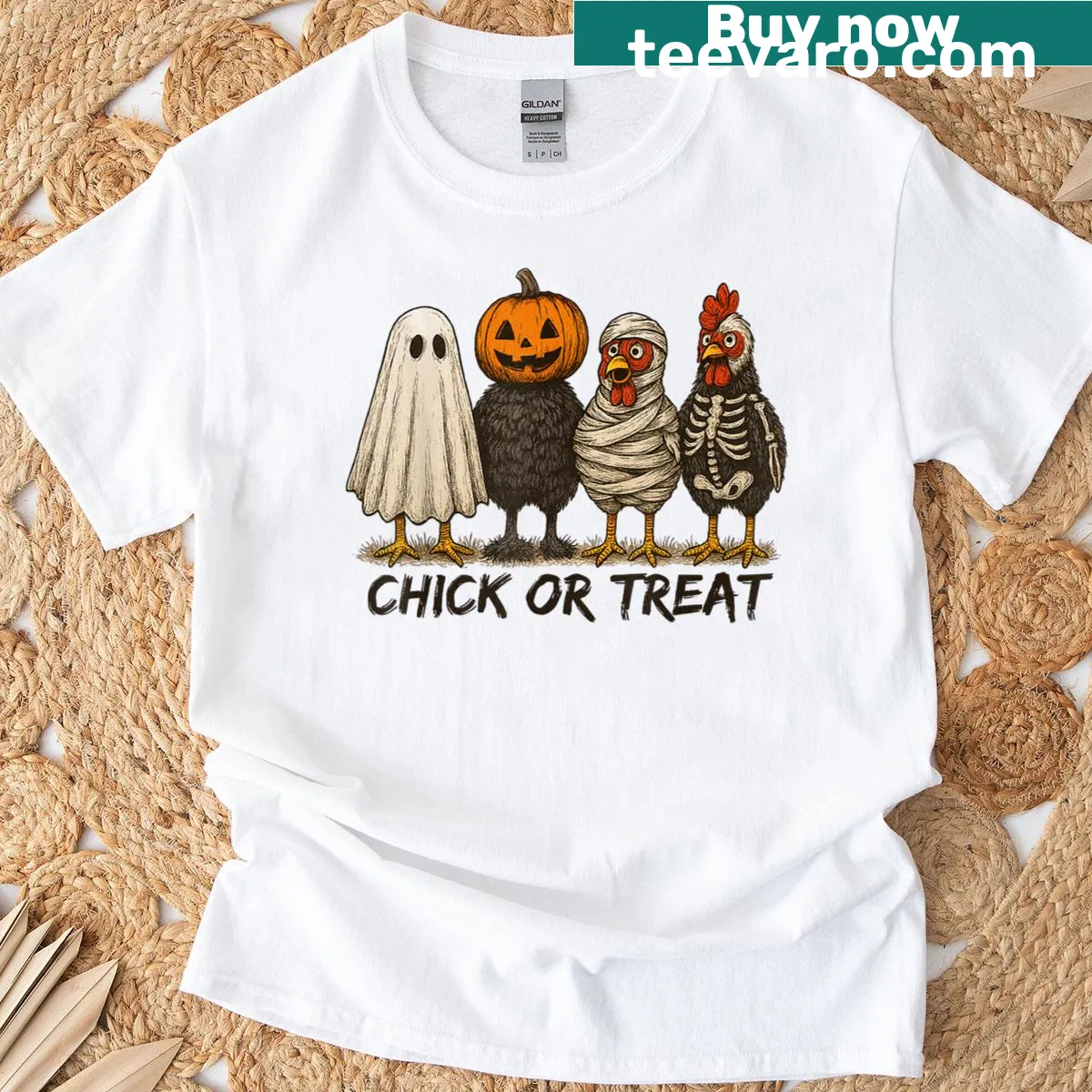 Whimsical Halloween t-shirt featuring a chicken ghost and pumpkins — on a men's t-shirt