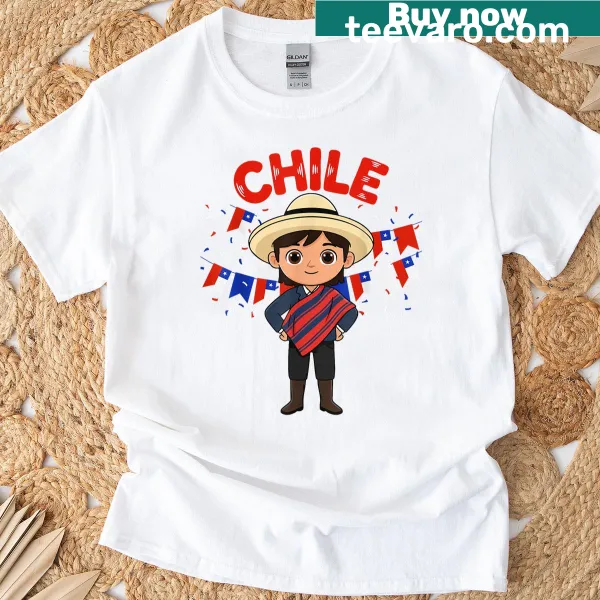 T-shirt featuring a Chilean boy in traditional outfit with flag graphic