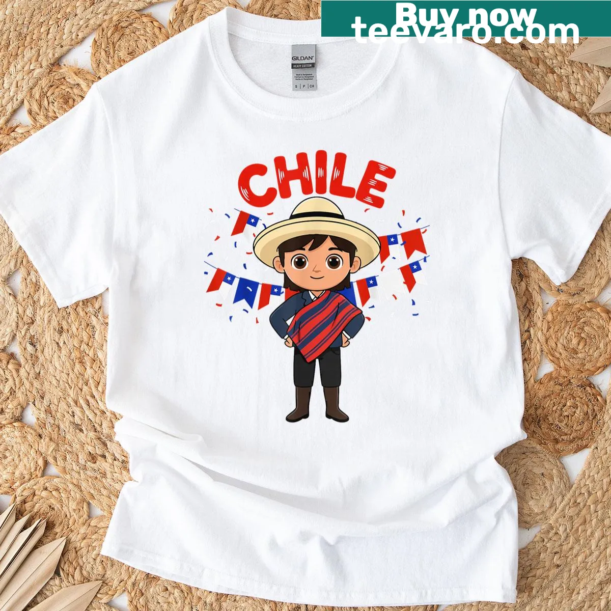 T-shirt featuring a Chilean boy in traditional outfit with flag graphic — on a men's t-shirt