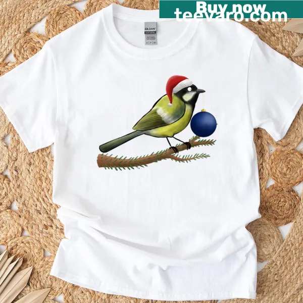 Illustration of a festive Great Tit bird for Christmas T-shirt