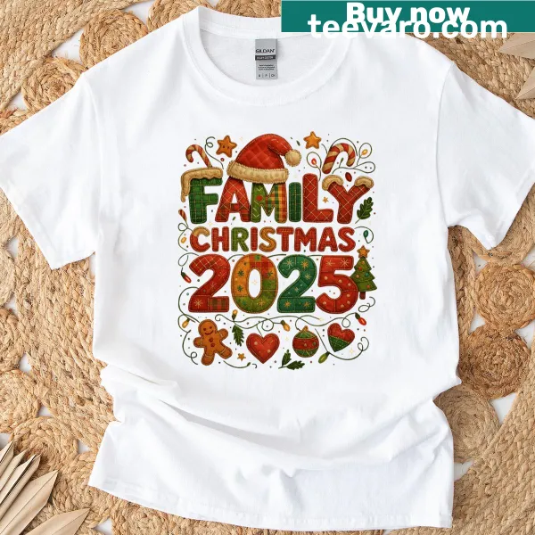 T-shirt with a patchwork design for family Christmas 2025