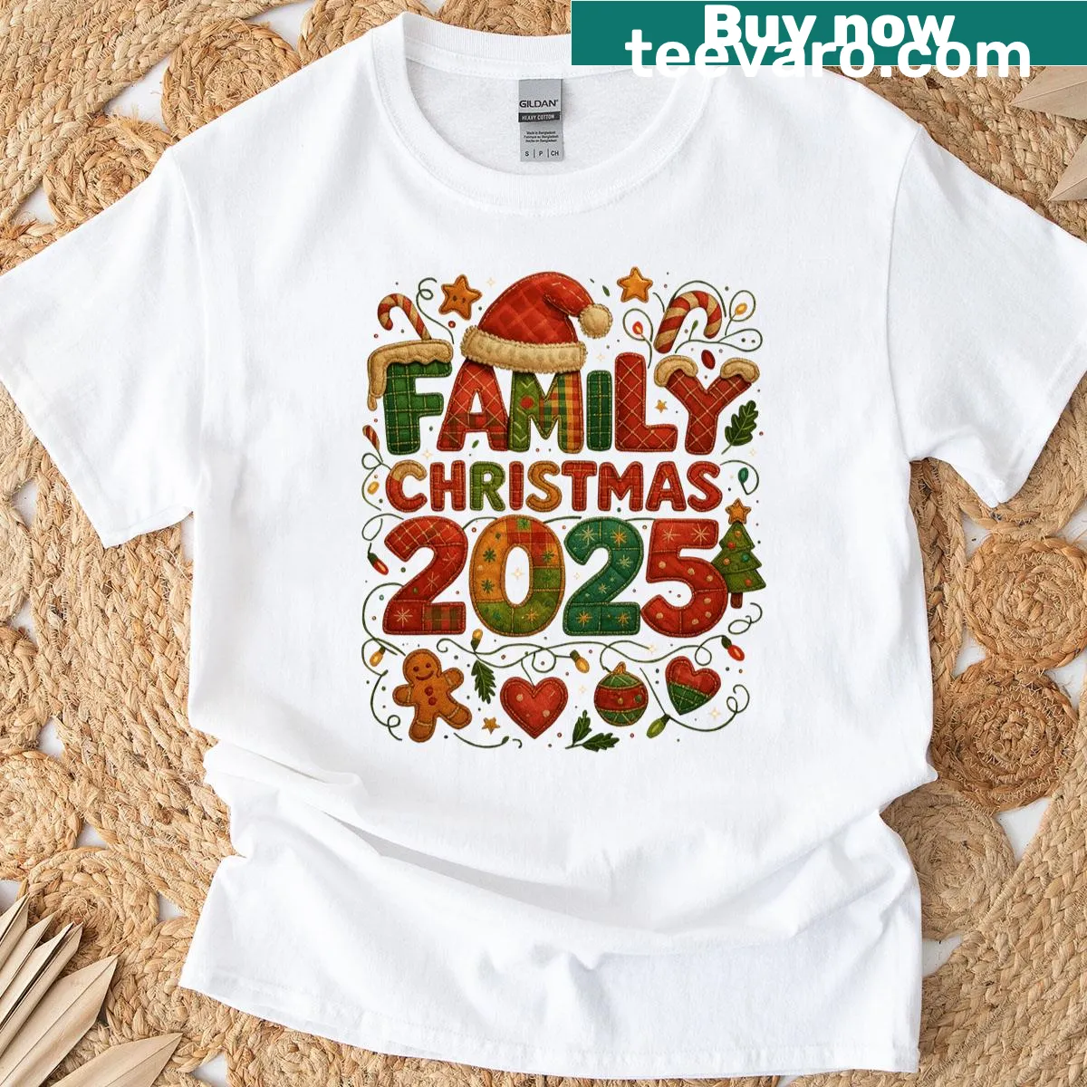 T-shirt with a patchwork design for family Christmas 2025 — on a men's t-shirt