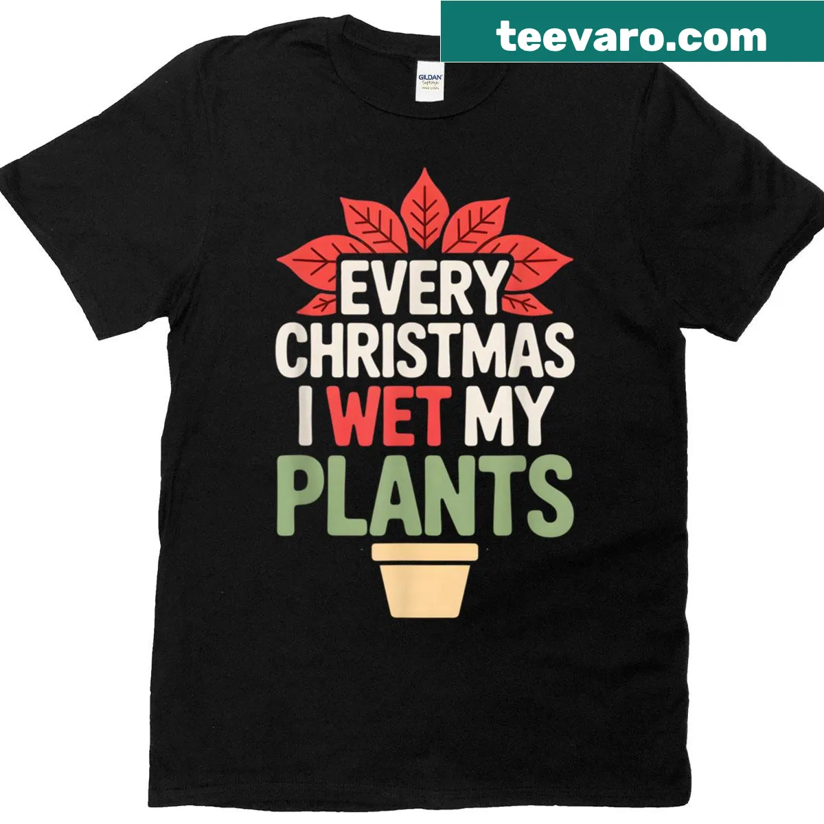 Poinsettia-themed holiday T-shirt for plant lovers — on a men's t-shirt
