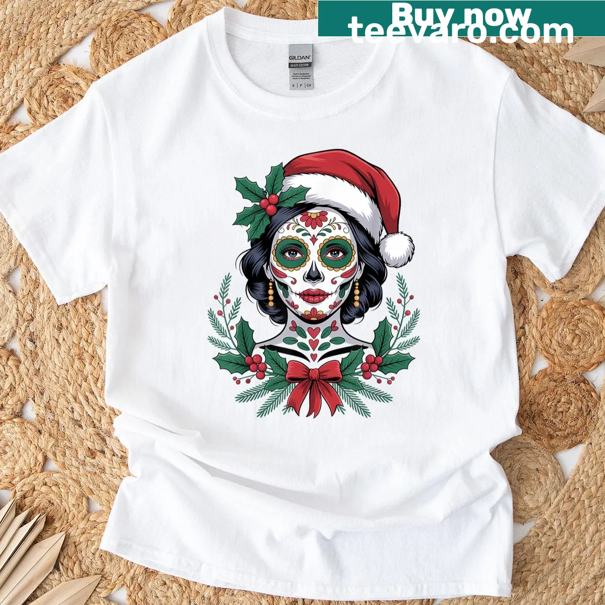 T-shirt featuring a sugar skull with a Santa hat design — on a men's t-shirt