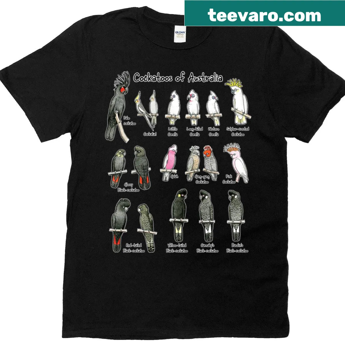 Illustration of cockatoos on a T-shirt supporting Birdlife Australia — on a men's t-shirt