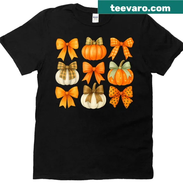 Thanksgiving T-shirt with pumpkins, coquette bow, and autumn leaves illustration