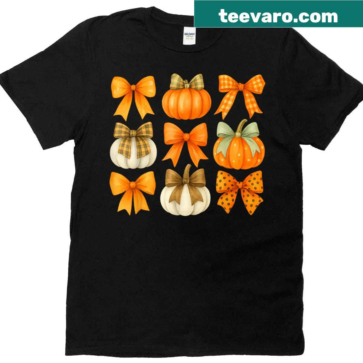 Thanksgiving T-shirt with pumpkins, coquette bow, and autumn leaves illustration — on a men's t-shirt