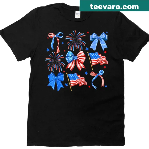 Cute Fourth of July T-shirt with patriotic bow designs in red, white, and blue.