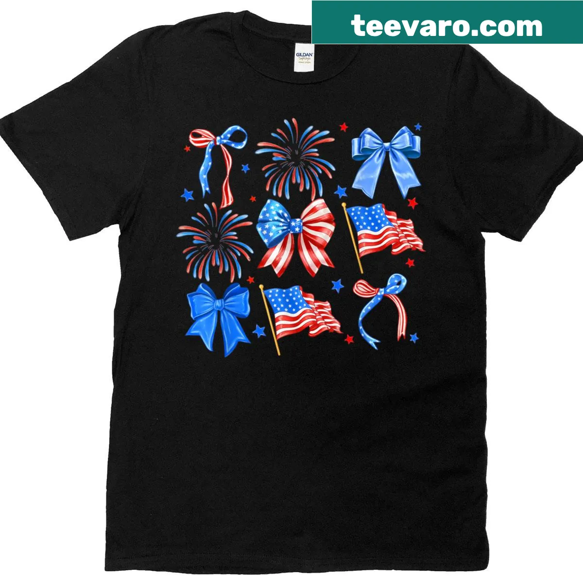 Cute Fourth of July T-shirt with patriotic bow designs in red, white, and blue. — on a men's t-shirt