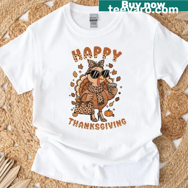 Thanksgiving T-shirt with turkey, leopard bow, and coffee graphics