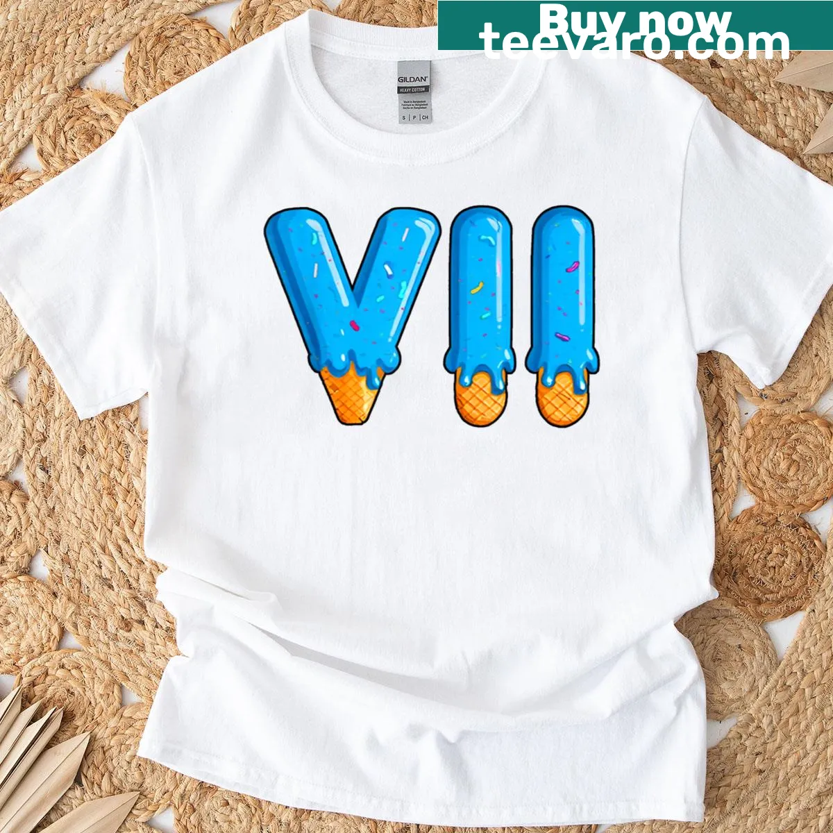 Humorous T-shirt with Roman numerals and ice cream drip design — on a men's t-shirt