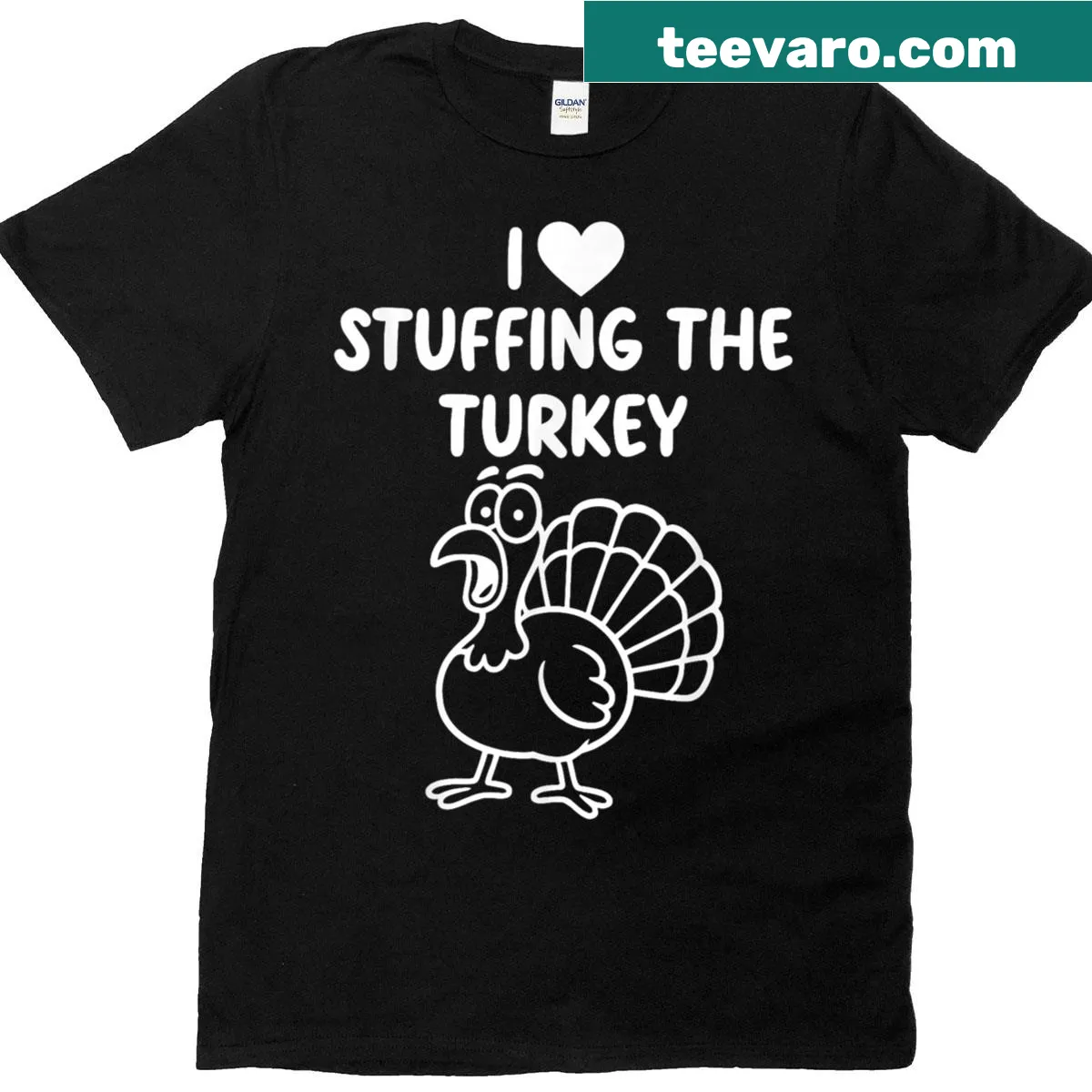 Couple matching Thanksgiving T-shirts with humorous text — on a men's t-shirt