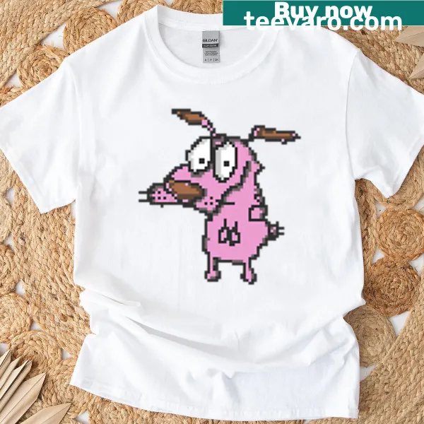 Pixel art design of Courage The Cowardly Dog on t-shirt