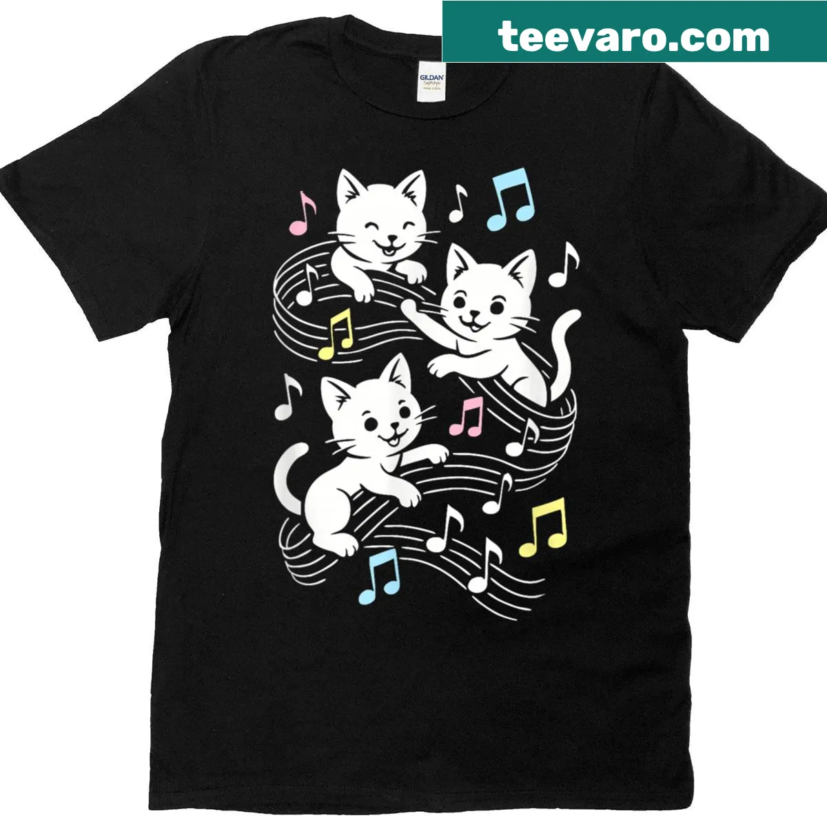 Cute cat playing piano with music notes and clefs in an illustration — on a men's t-shirt