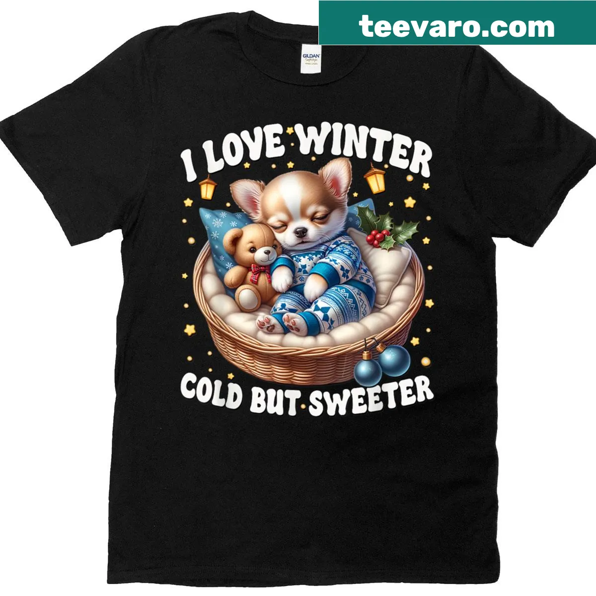 Cute Chihuahua graphic on festive winter T-shirt — on a men's t-shirt