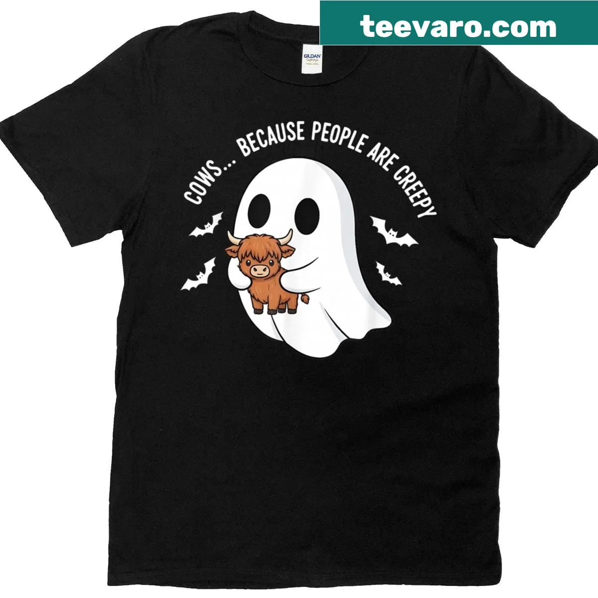 Retro Halloween T-shirt with a cute cow ghost and pumpkin design — on a men's t-shirt